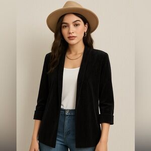 NWT Anne Klein Black Metallic Open Front Velvet Blazer S